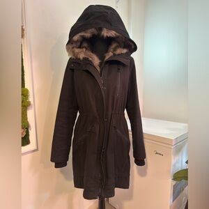 Faux fur lined winter canvas coat